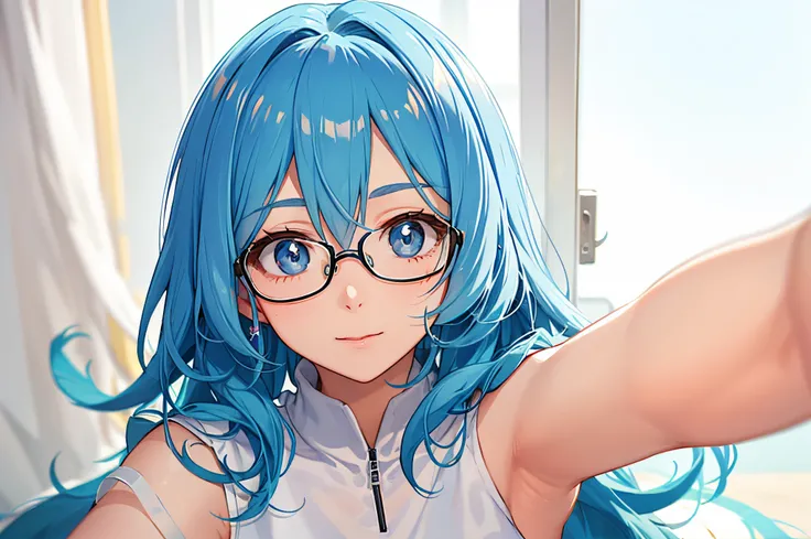 Num dia ensolarado, through a selfie camera, uma garota de olhos claros e cabelos escuros e lisos, with glasses that reflect the sun&#39;s brightness and enhance the blue of your eyes, toma seu milk shake com umas plantas ao fundo, Arte anime.