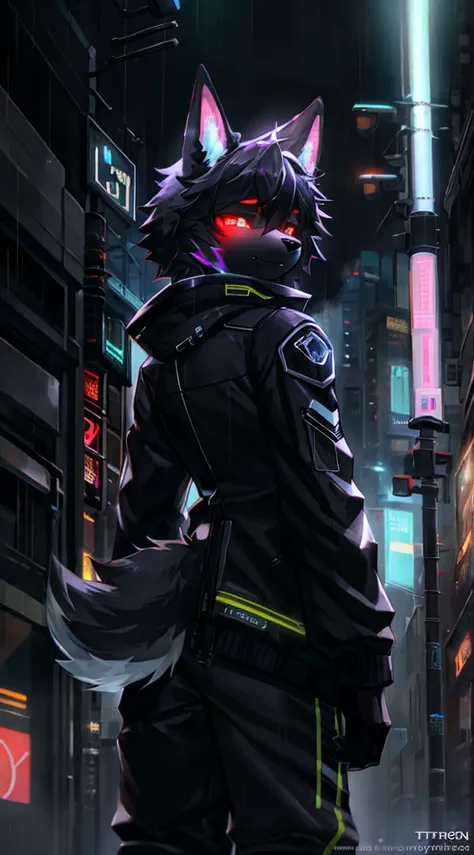 anthro, anthro, black fur color, wide shoulders ,(The Dog Man:1.4), fluffy ears and tail, (protogen:1.1), Mechanical parts, A stern look, frown, Very detailed portrait solo-1, Standing in the streets, during a downpour, neon and cyberpunk background, She i...