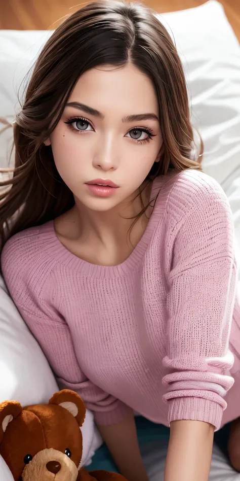 1girl walking on the river, mix4, sweater, pillow, lips, open_mouth, realistic, photo_(medium), solo, stuffed_animal, stuffed_toy, teddy_bear,(masterpiece),(photorealistic:1.3), ultra-detailed, (high detailed skin:1.2),(best quality:1.0), (ultra highres:1....