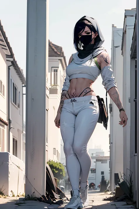 (Best quality at best,4k,8k,A high resolution,tmasterpiece:1.2),smoke background, Akali, 1 menina agitada, Longas_a manga,Capuz Branco,short white pants,,Tattoos are , Eterno, cheio_corpo, arma,highrise,Punhais,,Botas Brancas, Leucorrhoea,white mask,esport...