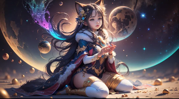 "Young Girl from the stars, (shimmering fur), celestial antennae, shell of wonder, planetary dreamscape, (cosmic enchantment), surreal artistry, vibrant and alien palette",kneeling, wide shot, f/1.8, bokeh