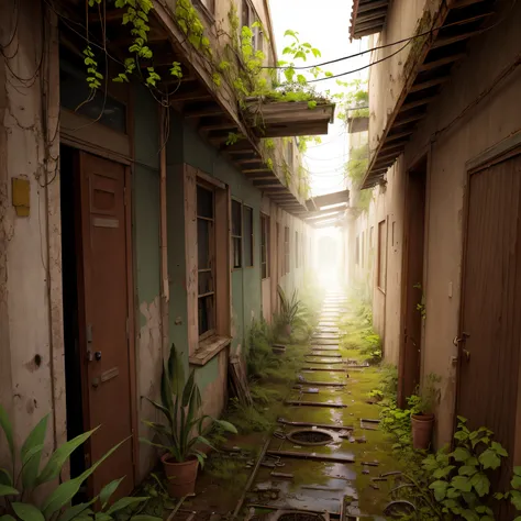 abandoned outdoor hallway from the side with pipes and wires and plants