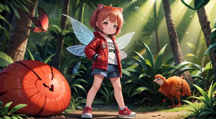 A little girl who is 10 years old wearing " red jacket, black gloves, jean, shoes", in middle of a fairy jungle which has mythic animals, like pixar animation