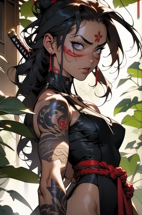 ((Simon Bisley)), Beautiful full-bodied woman, 30 years old, muscular and perfect body, ronin warrior with little clothing, many oriental tattoos, Yakuza, tiny thong, large breasts, generous neckline, holding a blood-stained katana sword, Japanese, eyes pu...