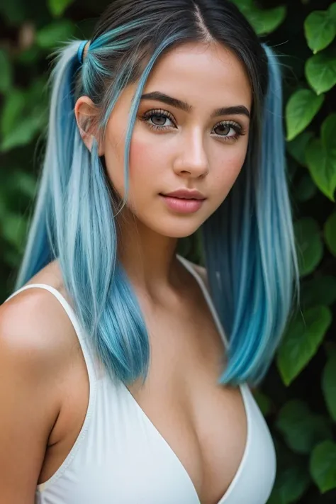 photo of (emikin:0.99), a woman as a sexy TikTok influencer, full body photography , cobalt hair, twintails, happy, swimsuit, green ferns, white concrete wall, outdoors, photo of the most beautiful artwork in the world, professional majestic (photography b...