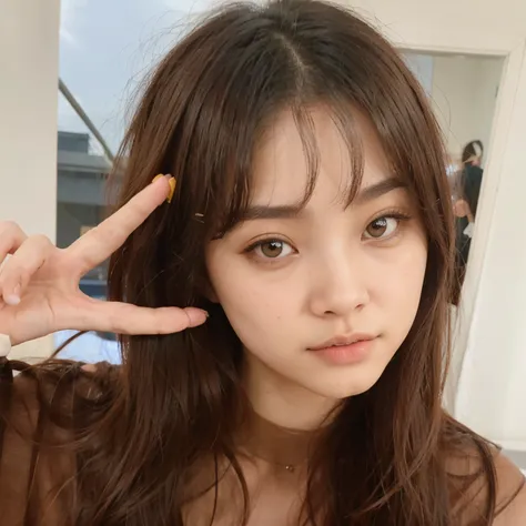 un primer plano de una mujer con cabello largo haciendo un signo de la paz, Kim Jennie, ulzzang, con flequillo, con cara linda - fina -, Jinyoung Shin, Kooooya, Cabello limpio con flequillo, dilraba dilmurat, Jeon Somi, El Corte Hime, Parque Ji-min, Heonhw...