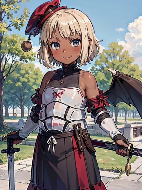 (loli:1.8), landsknecht, light armor, hat, sword, skirt, dark skin, tan, grey eyes, black angel wings, fallen angel, evil smile,...