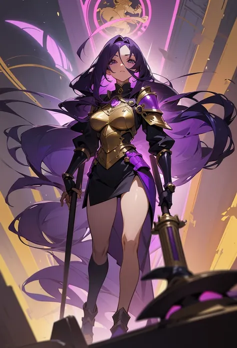 (anime-style illustration), A detailed illustration of a 25-year-old woman, with long black and purple hair, wearing purple-colored armor and a golden mechanical arm, in a style that combines anime and fantasy elements, in a fantasy setting. enchanted fore...