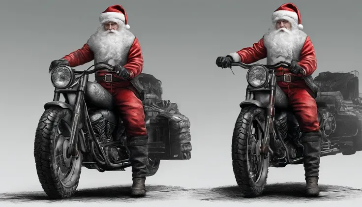 Santa Claus, biker style, with tattoos, but Santa Claus clothes, tattooed, showing his entire body, white background