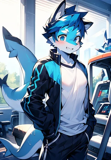 male, shark, child, Blue hair, blue eyes, endearing smile, Shows teeth, blue jacket, white  shirt, polished, 4k, in the gym, very sweaty, heavy breathing, Showing tits through a wet shirt, hands in pocket, small boobs, small ears, Two ears, One Tail