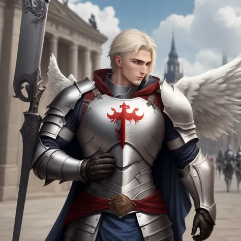 A male angel with muscles who is in modern knight&#39;s armor and the armor has the colors of Germany. The knight defends with an angel who also wears armor but in the colors of Poland , Europa vor dem eindringen des Islams