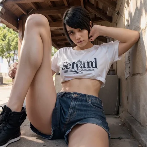 A beautiful girl with cut emo hair with bare legs