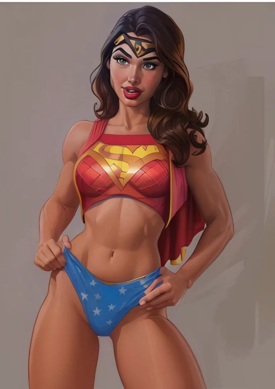 There is a woman in a bikini and panties posing for a photo, Retrato da Mulher Maravilha, pintura sexy de gal gadot, bodybuilder superhero bikini, mulher maravilha, superhero body, super-hero girl, Retrato de Gal Gadot, menina em forma, Retrato de Darna mo...