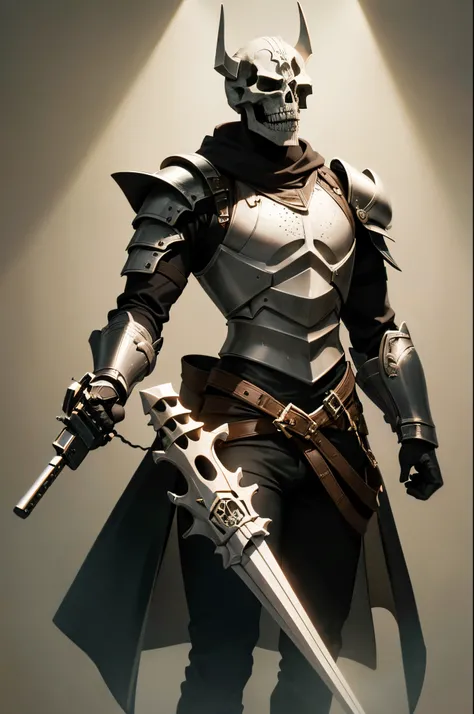 (best quality:1.2,8k,highres,masterpiece:1.2),Knight,skull mask,Bone armor,holding a gun,