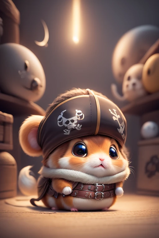 A cute hamster, rpg adventurer clothing, pirate outfit, angle from below, night sky