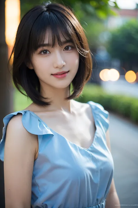 1girl in, (Wear a light blue dress:1.2), (Raw photo, Best Quality), (Realistic, Photorealsitic:1.4), masutepiece, Extremely delicate and beautiful, Extremely detailed, 2k wallpaper, amazing, finely detail, the Extremely Detailed CG Unity 8K Wallpapers, Ult...