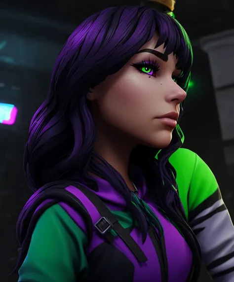 Fortnite skin with black purple hair and green eyes