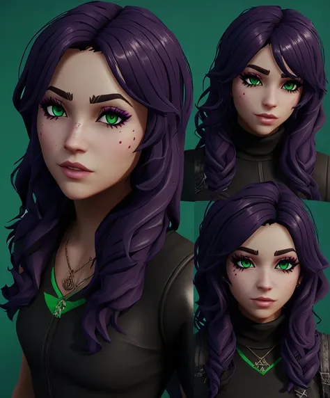 Fortnite skin with black purple hair and green eyes