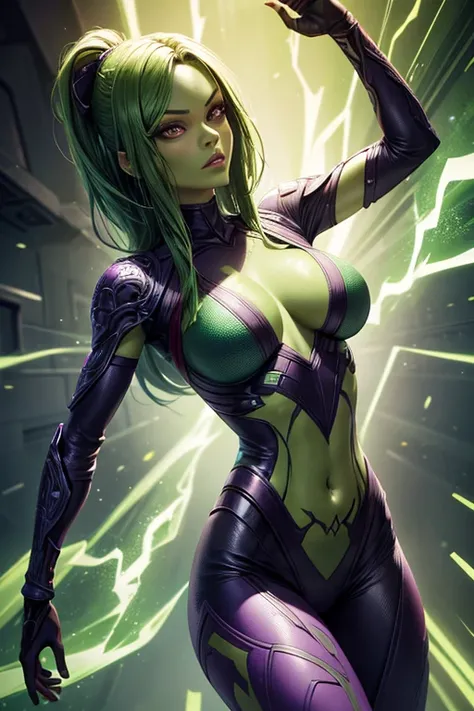 Gamora from Guardians of the Galaxy, movie accurate appereance, green skin, dark purple hair, combat stance, highly detailed, vibrant appearance, creative behavior, extremly detailed, imaginative, sensual, spontaneous, highest quality, skin texture, intric...