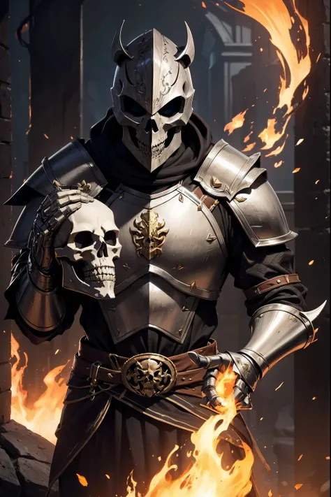 (best quality:1.2,8k,highres,masterpiece:1.2),Knight,skull mask,Bone armor,fire magic in hands