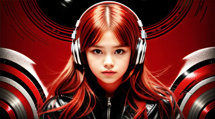 GIRL child 12 years old, RUSSIAN BLONDE long hair and headphones, portrait, SILVER LEATHER JACKET, VINYL AND CDS red background.