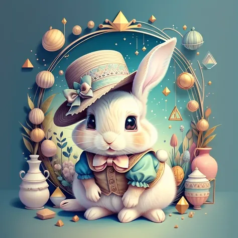 (cute baby rabbit with a hat), Munchkin ,Geometric multidimensional wall portrait, livro de arte, Tchibi,
Yang08k, Beautiful, Colouring,
Obras, of the highest quality, best quality, Arte Oficial, Beautiful and Aesthetic,