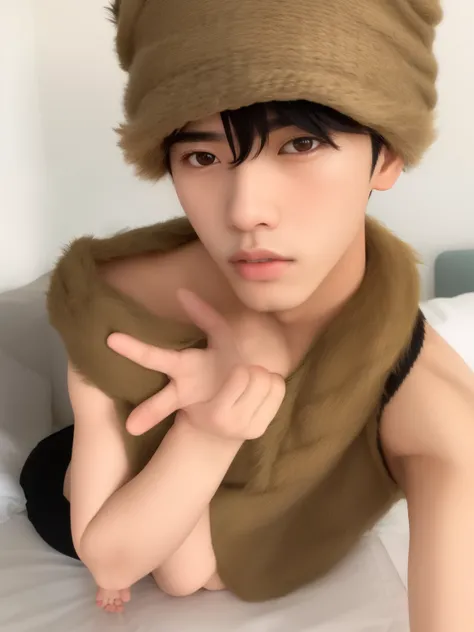 Mujer arafed con un gorro peludo y una camiseta sin mangas., Cai Xukun, Hsiao-ron, An epic non-binary model, 1 7 years - child of thin face age, Ulzzang masculino, XQC, Sha Xi, Xision Wu, handsome japanese demon boy, Kemonomimi, Jovencitos, Sakimichan