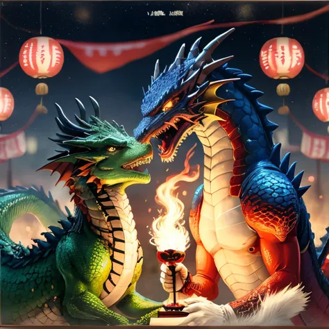 japanese new years postcard with a dragon breathing fire