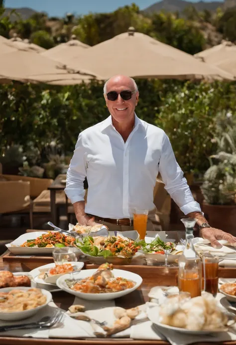 A photo of David Geffen enjoying a gourmet lunch featuring a selection of fresh seafood dishes.,original,In terms of appearance, Geffen is typically seen in smart-casual attire, projecting a professional yet approachable image befitting his status as a med...