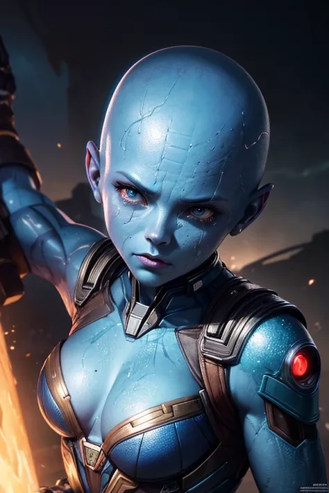 Nebula from Guardians of the Galaxy, movie accurate appereance, blue skin, no hair, bald head, mean look, cybernetic implant on one eye and face, cyborg, cybernetic prostetic arm, combat stance, highly detailed, vibrant appearance, creative behavior, extre...