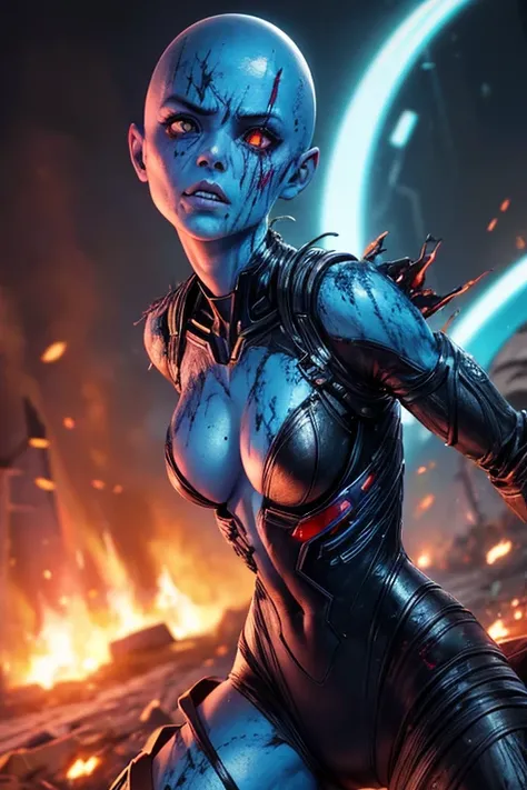 dead evil rotting zombie girl, Nebula from Guardians of the Galaxy, movie accurate appereance, blue skin, no hair, bald head, mean look, evil vilanious look, violent, furious, menacing, bloody, bloodthirsty, ripped clothes, torn apart costume, cybernetic i...