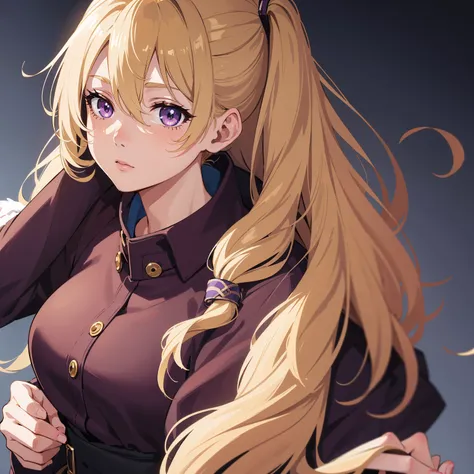 1girl, Masterpiece, beatiful face, perfect  lighting, Portrait, Anime characters, Original character, Digital Art, crisp detailing, Kyoto Animation Style, The woman, Adult, Gorgeous face, blonde wavy hair, pony tail, purple pupil of the eye, Brown Winter J...