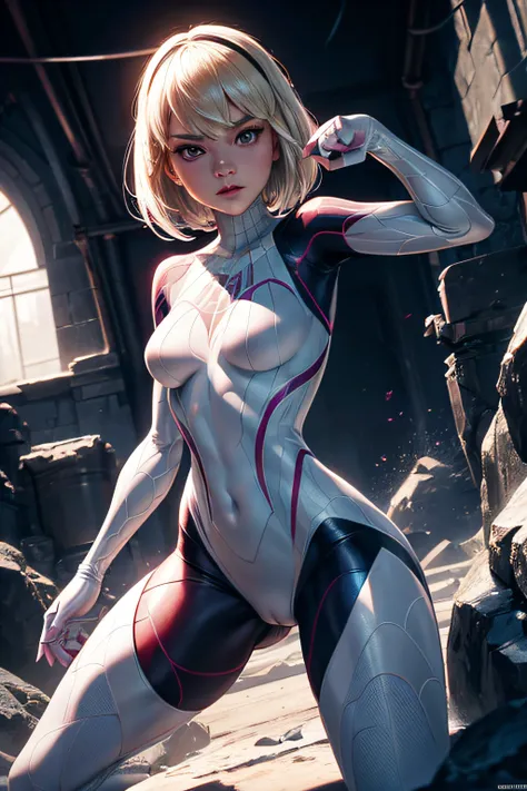 Gwen Stacy a.k.a. Spider Gwen, combat stance, highly detailed, vibrant appearance, creative behavior, extremly detailed, imaginative, sensual, spontaneous, small breasts, sexi, revealing, highest quality, skin texture, intricate details, (cinematic lightin...