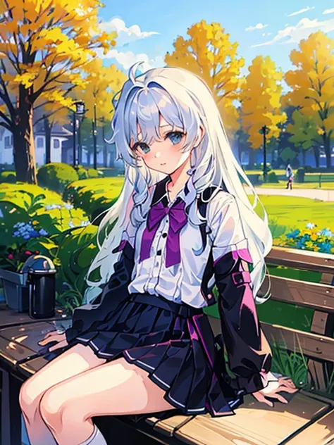 girl with white hair，sitting on a bench，set in the park，pure and cute，with a petite figure，14岁，black jk school uniform，jk white ...