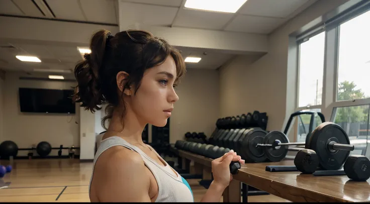 An anime girl exercising in the gym, weights, putting on muscle, sportswear, work outfit, listening to music, indoors, gym, perfect anime quality, perfect face, photo quality, curly brown hair