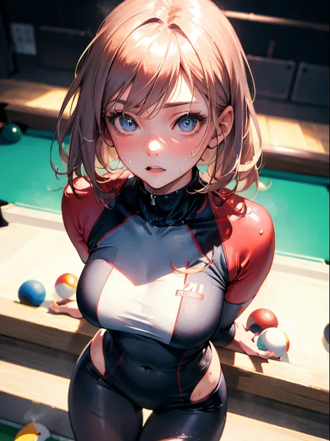 Best Quality, masutepiece,  High resolution, (Anime Heroine Illustration), Anime Paint, 1beautiful girl ,Dynamic Angle,Female billiard athlete,small head,Large breasts,nice legs, Glowing skin, Sweat,At the billiard venue ,,Detailed beautiful face,Large eye...