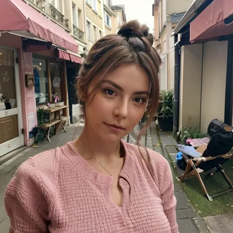 Une femme cheveux attachés en chignon, une femme cheveux rose, une femme visage parfait, une femme qui pose pour une photo la tête penchée à 15% sur le côté, une femme belle, habillée de manière Chique, (tailleur-jupes) de couleur rose. En image de fond un...