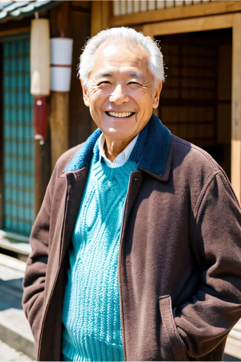 Japan man smiling、sixty years old、is wearing  jacket