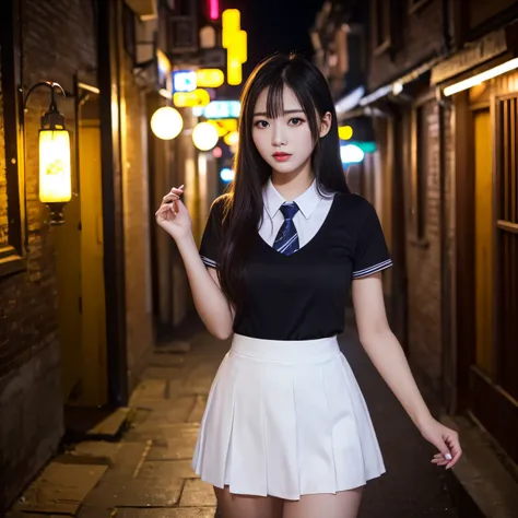 ((top-quality、masutepiece、8K、Top image quality、Very complex and detailed details))、One High School Girl、(1 photo:1.5)、((Uniform white shirt、pleatedskirt))、sad Facial expression、View me、The background is a garrison、You Guo、Custom Street、View me、Photo from t...