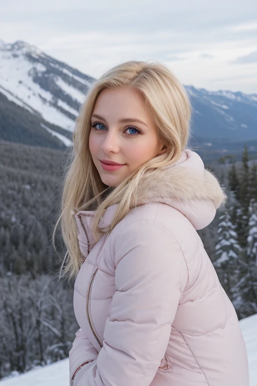 a very beautiful blond woman, 27 years old,wearing winter dressed, mountain, snow,view, flirty, photograpy,best quality, ultra high resolution,original photo,pastel colors,ultra high image quality