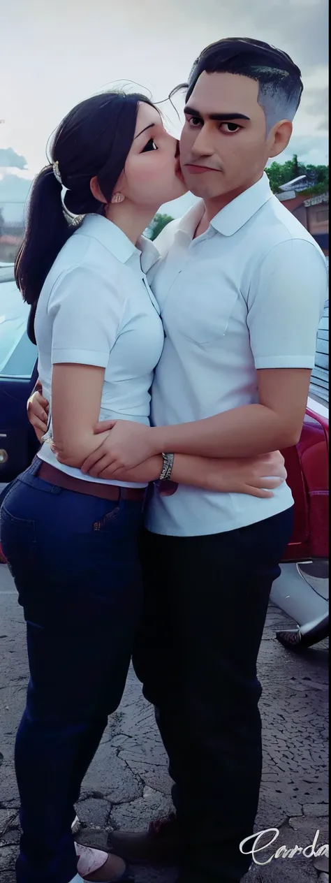 Hay un hombre y una mujer que se besan en la calle., Pose de pareja, brazo alrededor de su cuello, Vista de cuerpo completo entrelazada, Hugging, Pareja encantadora, foto filtrada, con ella larga, en segundo plano, hugging each other, suave en _ Los antece...