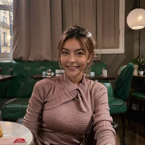 Une femme, influenceuse, au cheveux rose,Une femme assise dans un restaurant, une femme au visage parfait, La tete légèrement penchée pour photo, souriante++,