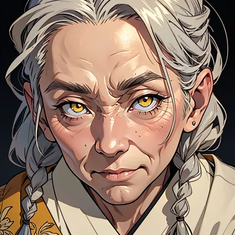 anime image of a wrinkly very old grandma with grey hair and yellow eyes, braided hair, many facial wrinkles, head shot, close up shot, simple background, japanese clothing, dark clothing