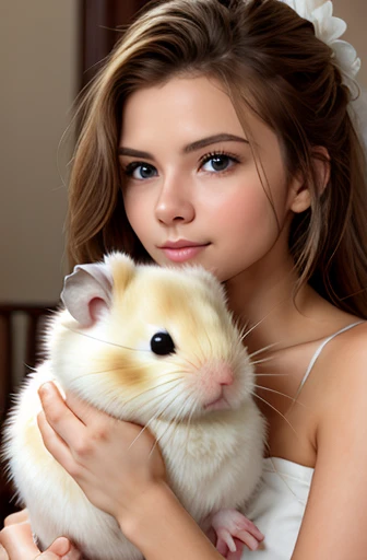 a beautiful girl, holding a very fluffy hamster