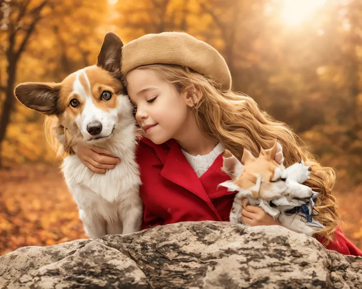 girl BLONDE CHILD LONG HAIR, in red coat hugging a dog on a rock, 🍁 fofo, arte tradicional, cute and adorable, Filhotes vermelhos, lindo bonito, 🍂 fofo, lovely and cute, bonito bonito, lindo e bonito, retrato de alta qualidade, arte realista, jovem e bonit...