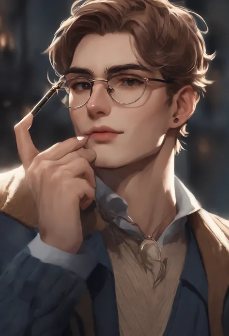 A close-up shot of a character fidgeting with a pen, while pushing up his glasses with a cheeky smirk on his face,original,[{{((Hair: light brown + short + messy))
((Eyes: large + blue + piercing + doe eyes))
((Facial features: long sharp face + sharp jawl...