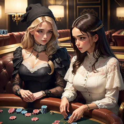 View elegantly dressed women in 16th century nobility attire, usando perucas de cabelos brancos. They are involved in a poker game in a luxurious lounge atmosphere, where the card game contrasts with the formality of the time. As perucas exibem o estilo da...