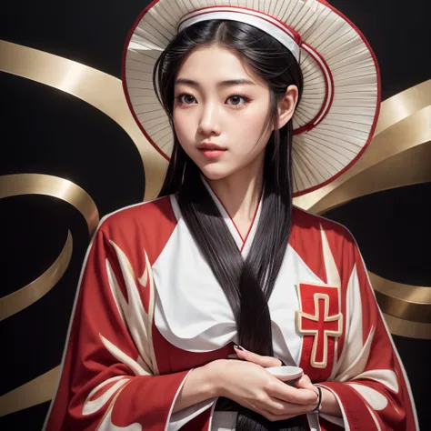 a young Japanese woman, with full lips, black hair, wearing a white kimono, with a red cross on her chest, and wearing a white hat, Hyperrealistic Japanese art style, Photorealistic Japanese woman, a nurse in a kimono with intricate details.