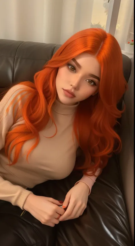 Theres a woman with long red hair sitting on a couch, Madison Beer como Leeloo, Ela tem longos cabelos castanhos alaranjados, ela tem cabelos longos e redorange, pele laranja e cabelo ardente longo, cabelo laranja longo, longos cabelos ruivos brilhantes, c...