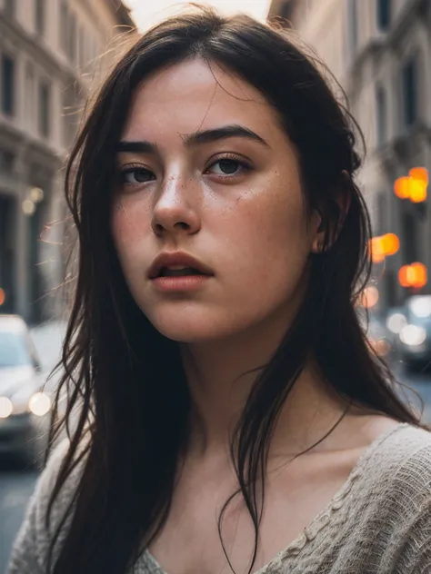 1girl, Rome street,sun,subdglassed, cityscape,city lights, upper body,close-up, 8k, RAW photo, best quality, masterpiece,realistic, photo-realistic,nature